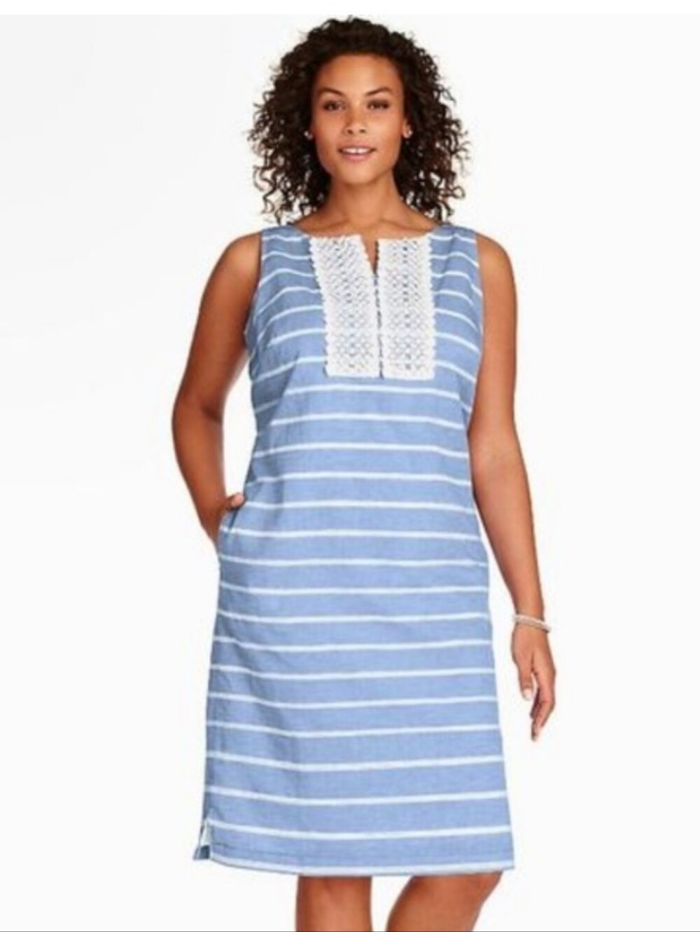 talbots blue striped linen cotton shift dress size 2 crochet lace bodice lined